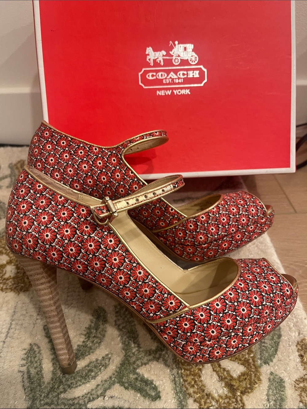 Coach Red Floral Mary Jane Heels with Gold Trim